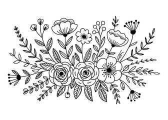 Black and White Floral Bouquet Illustration with Roses and Poppies