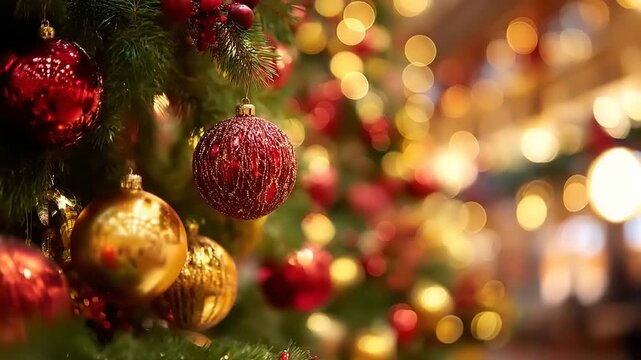 Close up of a decorated christmas tree with festive ornaments and lights