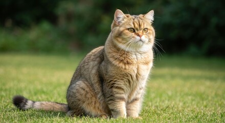 Golden cat sits outdoors on grass