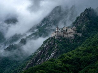 Tranquil Mountain Landscape with Floating Clouds and Serene Monastery Nestled Amongst Peaks Below