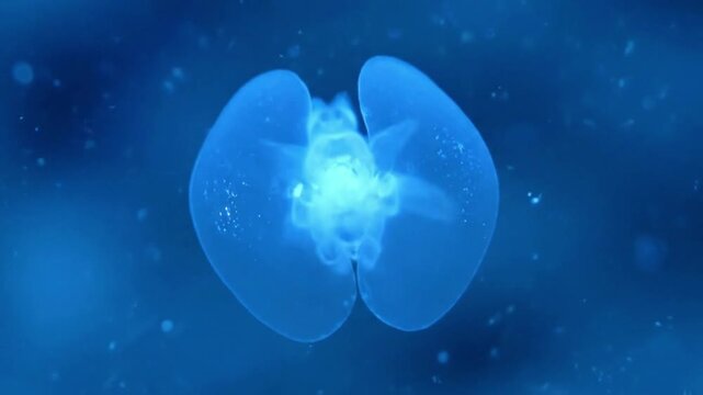 A close-up view of a transparent, bioluminescent salp swimming in the deep ocean.