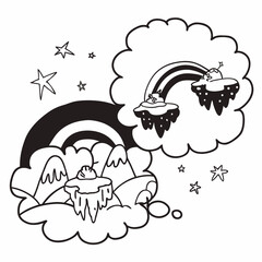 Whimsical dreamscape with floating islands rainbow and stars