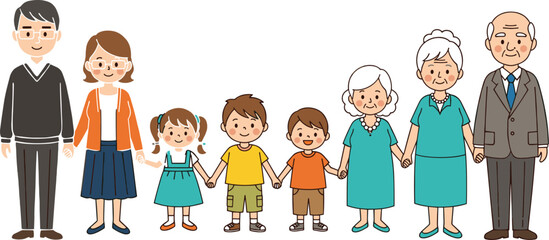 Cartoon multigenerational family illustration, happy characters holding hands, grandparents, parents, children, unity concept, colorful vector art, family bond design