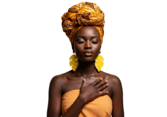 Beautiful dark-skinned woman with head wrap and leaf earrings isolated, portrait of African beauty with eyes closed in meditation on transparent background