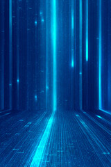 A futuristic space glowing with deep blue neon light.