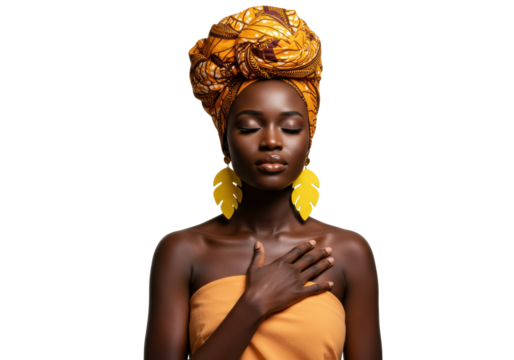 Beautiful dark-skinned woman with head wrap and leaf earrings isolated, portrait of African beauty with eyes closed in meditation on transparent background