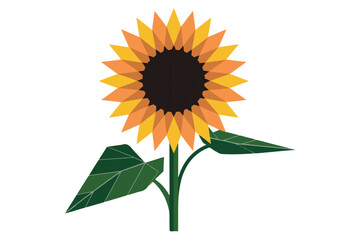 Minimalist sunflower with green stem and leaves flat color illustration isolated on white background
