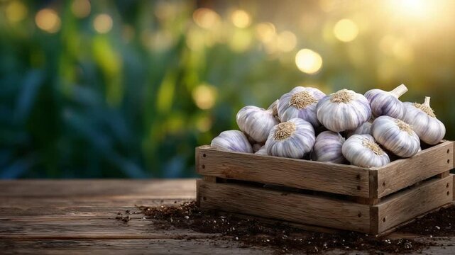 Rustic crate of freshly harvested garlic bulbs on a wooden table, with soil particles and a blurred agricultural field in morning sunlight, creating a cozy farm aesthetic.