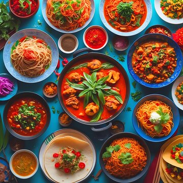 
various different types of restaurant menu dishes in plates. Photo collage of food. Top view on black background. 