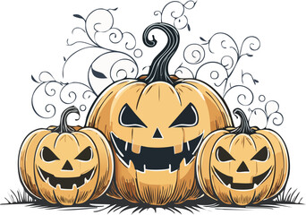 Spooky halloween pumpkin patch line art minimal jack o lantern silhouettes isolated vector, Halloween pumpkin patch outline vector, Scary jack o lantern silhouettes design, Spooky halloween pumpkin 