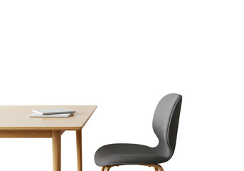 Minimalist Workspace Setup: Light Wooden Table, Modern Grey Chair, and Notebooks. Clean Professional Office or Study Environment Concept.