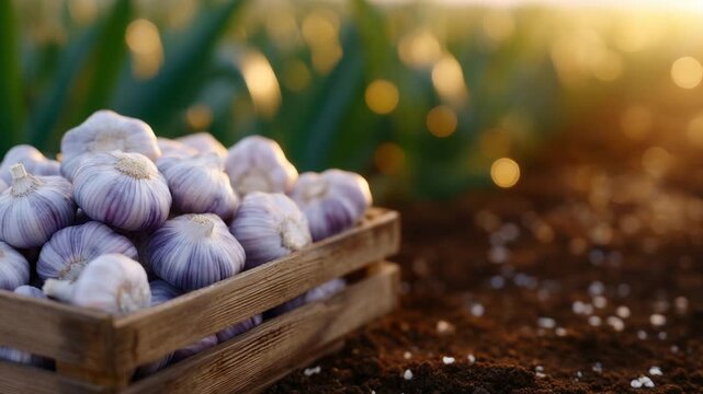 Rustic crate of freshly harvested garlic bulbs on a wooden table, with scattered soil and a softly blurred agricultural field in morning sunlight.