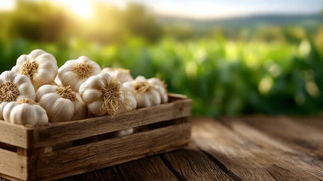 Rustic farm-fresh garlic in a crate with detailed textures, set against a wooden table and green field under soft cinematic sunlight.