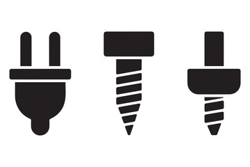 plastic Wall plug and screw icon set. Vector Black silhouettes. with white background