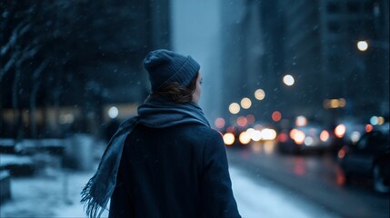 Woman walking in a winter city street during light snow in the evening hours