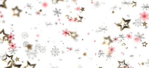 Elegant and dreamy Christmas background of golden stars, pink and silver snowflakes on white, perfect for holiday designs, festive promotions or