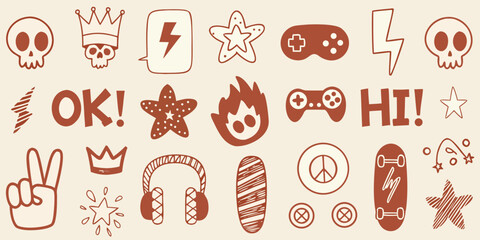 Collection of cute doodle icons with skulls crowns peace signs and gaming controllers