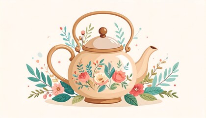 Floral Teapot Illustration - A Delicate Watercolor Design for Tea Lovers.