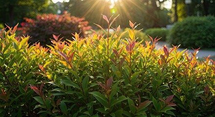 Vibrant green foliage catches warm golden sunlight in a serene park setting, creating a peaceful and natural outdoor atmosphere perfect for wellness and nature themes.