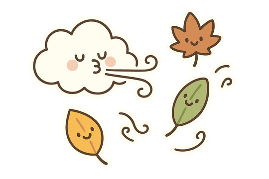 Whimsical Weather Stickers. Cute doodle stickers: cloud blowing wind with a smile, flying leaves with faces, playful doodle charm,