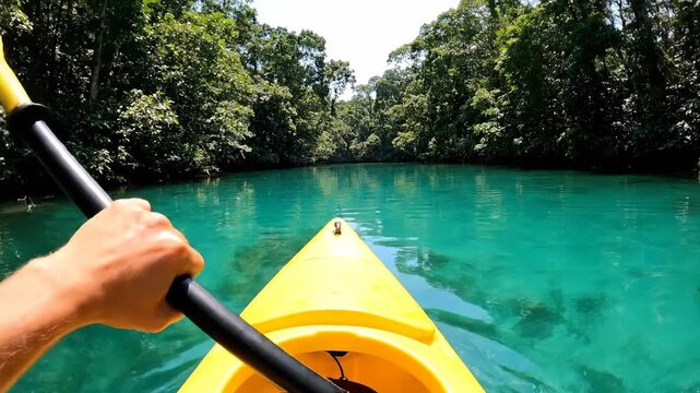 First Person View Paddling a Yellow Kayak on a Turquoise River.