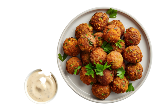 AI Image Close-up of a plate of golden brown falafel with fresh parsley garnish and dipping sauce
