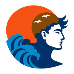 Silhouette vector art illustration of a wave next to a sailor's head