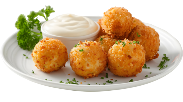 AI Image Crisp golden fried arancini balls plated with creamy dipping sauce for delicious meal - Powered by Adobe
