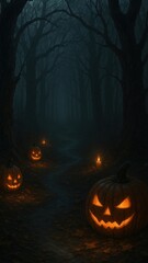 Eerie forest with glowing pumpkins mobile wallpaper
