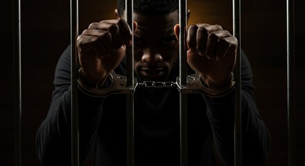 Desperate man in handcuffs gripping prison bars with intense gaze conveying despair and confinement
