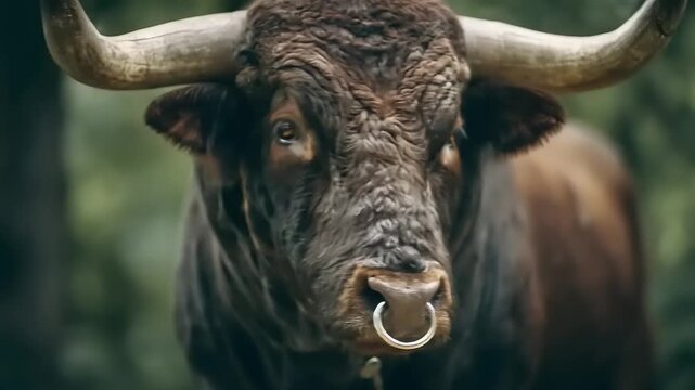 Close up of a powerful bull with large horns and metal nose ring