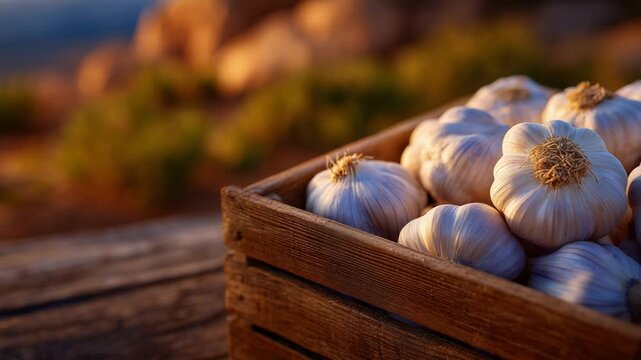 Capture the rustic charm of farm life with a detailed close-up of garlic bulbs in a wooden crate, set against a warm, natural backdrop.