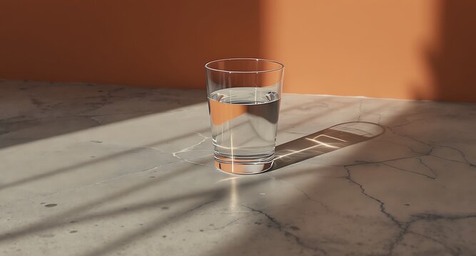 Glass of clear water casting shadow on marble surface with warm light