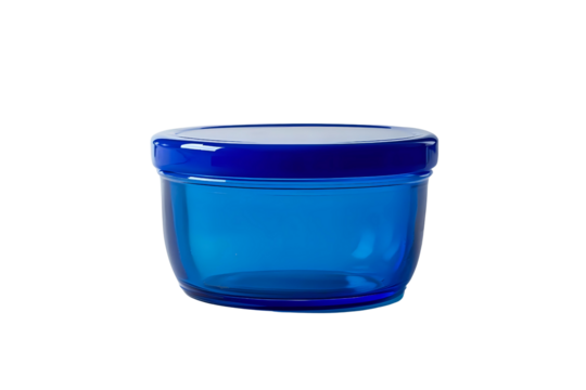 AI Image portraying a blue glass container with a lid set against a sleek black background