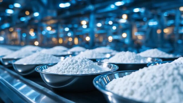 Symmetrical rows of stainless bowls with white powder in an industrial setting, highlighting precision and reflections with a shallow depth of field.