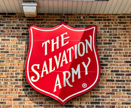 Salvation Army sign on the exterior of a shop, close up. Merrillville, IN USA - October 2, 2025