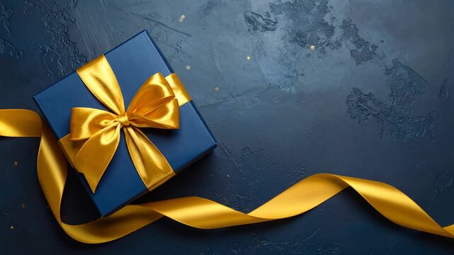 A beautifully wrapped blue gift box with a golden ribbon tied in a perfect bow, set against a dark, textured background, perfect for celebrations