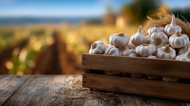 A rustic farm scene featuring garlic bulbs spilling from a crate on a weathered wooden table, set against a blurred agricultural field with cinematic warm tones.
