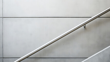 A minimalistic architectural detail featuring a stainless steel handrail against a textured, light gray wall. Linear composition and modern design elements.