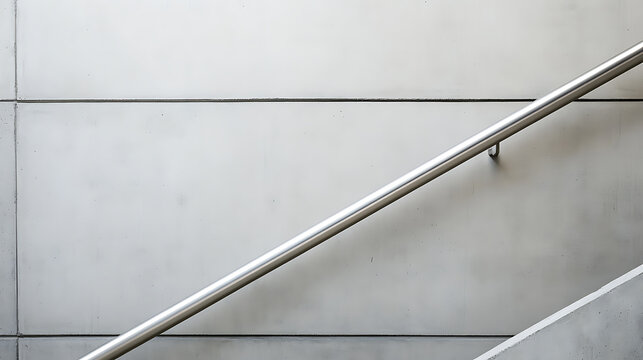 A minimalistic architectural detail featuring a stainless steel handrail against a textured, light gray wall. Linear composition and modern design elements. - Powered by Adobe