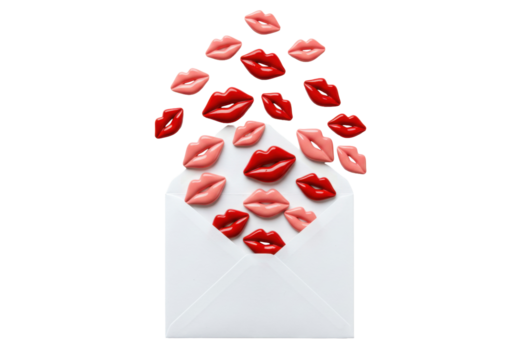 Envelope with red and pink lips PNG isolated, love letter concept for Valentine s Day and romantic messages, on transparent background