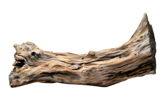 AI Image - Weathered driftwood relic against stark black, capturing intricate wood grain and raw