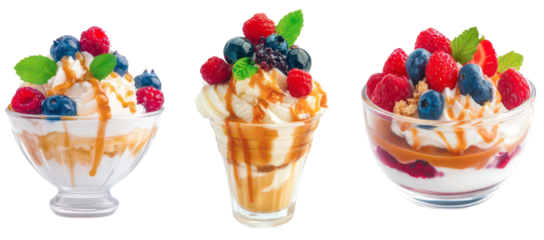 Berry Parfait Trio: A trio of delectable parfaits, each overflowing with vibrant mixed berries, whipped cream, and a drizzle of caramel. A treat for the senses!