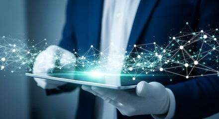 Professional using tablet displaying complex interconnected network perfect for global communication