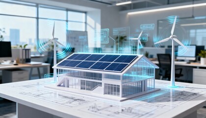 Sustainable tech innovation in business smart office with solar and wind energy solutions