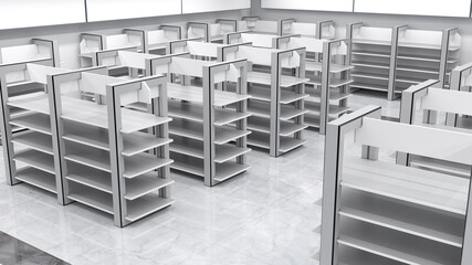 Top view of a supermarket interior with empty gondola display racks. 3d illustration