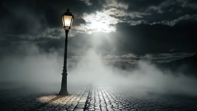 A solitary lamppost illuminates a cobblestone path shrouded in dense, atmospheric fog under a cloudy night sky.