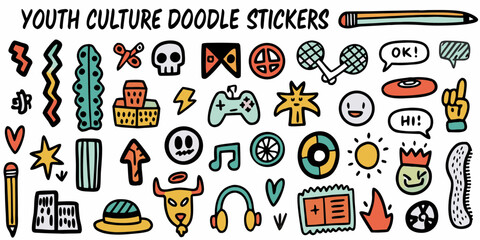 Colorful hand drawn youth culture doodle stickers featuring skulls gaming music and fun symbols