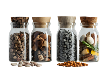 AI Image Collection of Various Natural Elements in Glass Jars, Presenting Diverse Textures and