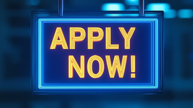 A glowing neon sign reads "APPLY NOW!" in vibrant colors, emphasizing urgency and action.
